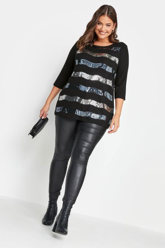 YOURS Curve Plus Size Black Sequin Striped Long Sleeve Top | Yours Clothing  2