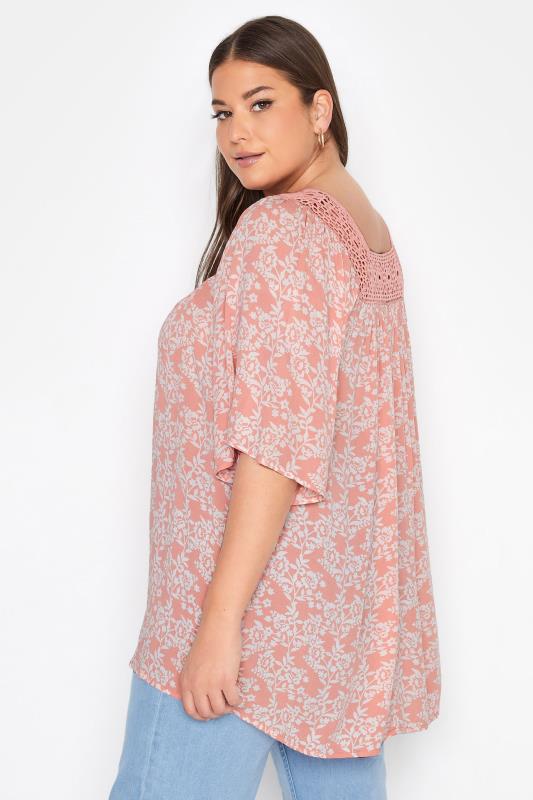 Plus Size Coral Pink Floral Square Neck Top | Yours Clothing 3
