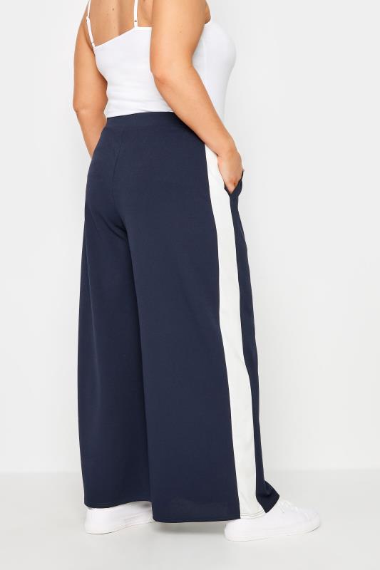 YOURS Plus Size Navy Blue & White Scuba Side Stripe Trousers | Yours Clothing 3