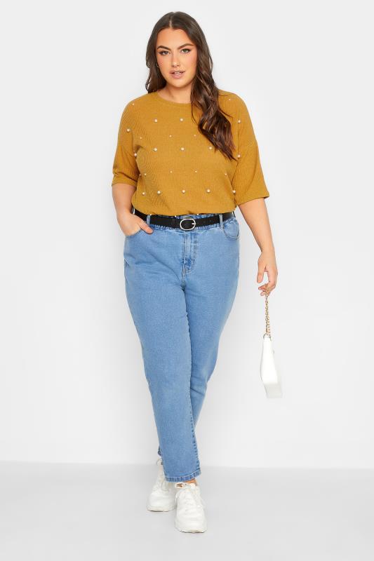 Plus Size Mustard Yellow Pearl Embellished Split Hem Top | Yours Clothing 2