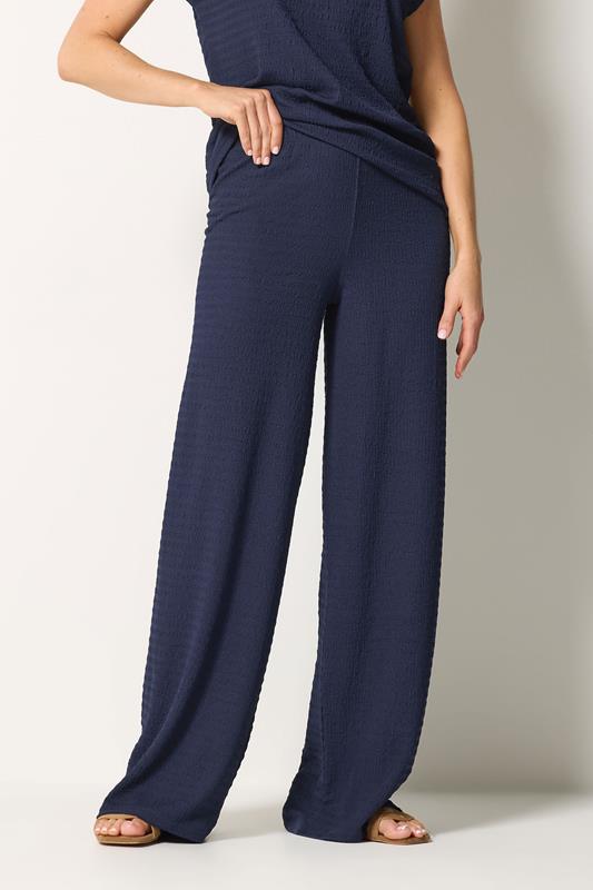 LTS Tall Women's Navy Blue Textured Elasticated Wide Leg Trousers | Long Tall Sally 1