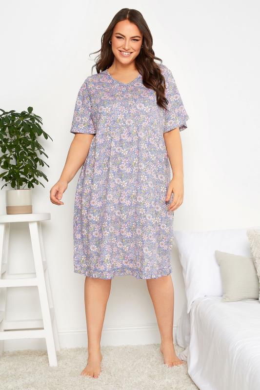 YOURS Curve Plus Size Purple Floral Peplum Soft Touch Nightdress | Yours Clothing  1