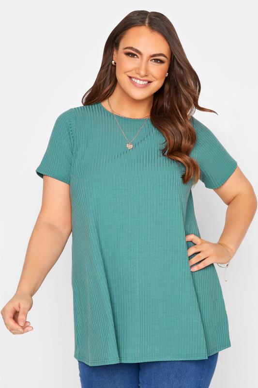 Plus Size Sage Green Ribbed Swing Top | Yours Clothing 1