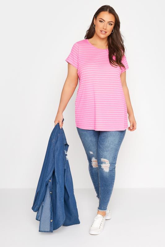 Curve Bright Pink Stripe Short Sleeve T-Shirt 2