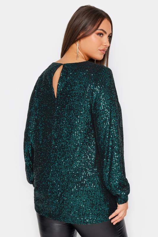 YOURS LONDON Plus Size Dark Green Sequin Embellished Long Sleeve Top | Yours Clothing 3