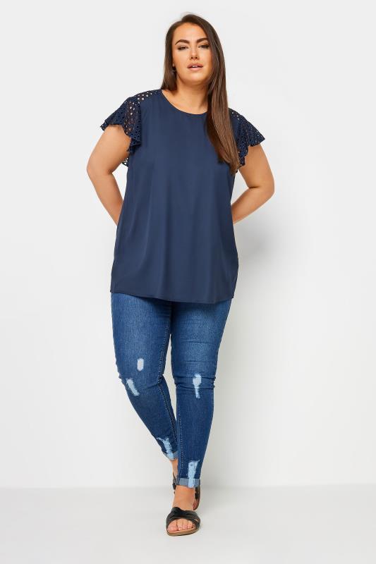 YOURS Plus Size Navy Blue Flutter Sleeve Top | Yours Clothing 2