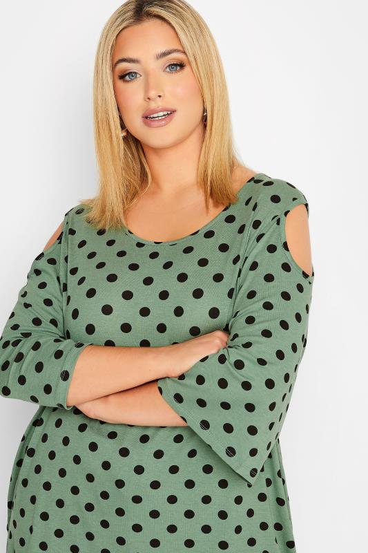 Plus Size Green Spot Print Cold Shoulder Top | Yours Clothing 4