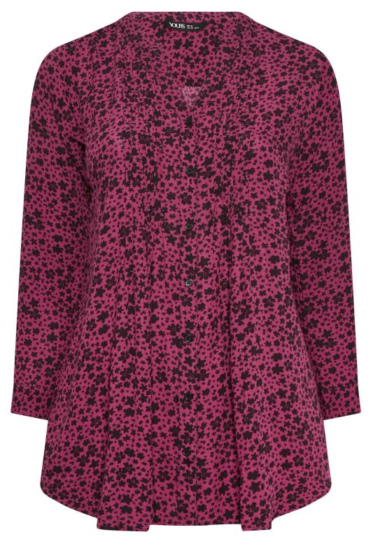YOURS Curve Plus Size Dark Pink Floral Pintuck Shirt | Yours Clothing  6