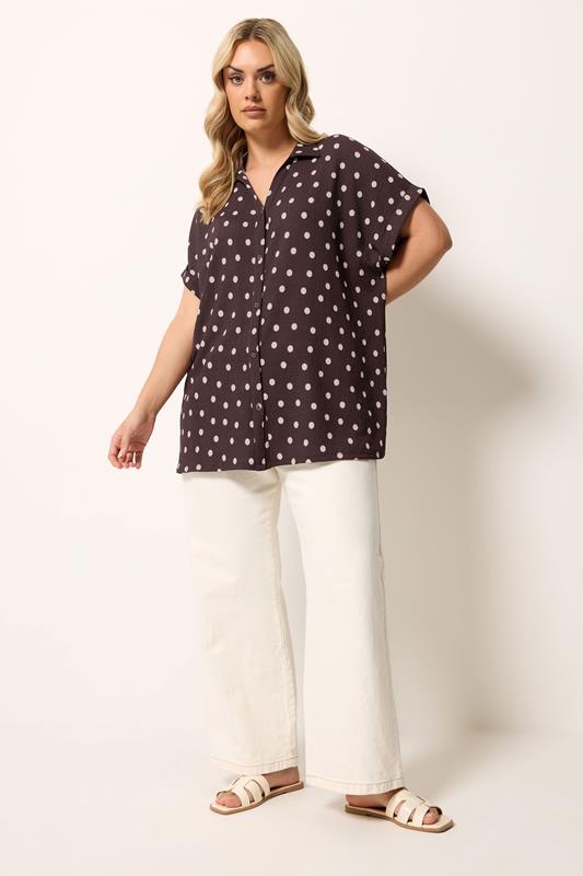 YOURS Plus Size Chocolate Brown Polka Dot Shirt | Yours Clothing 1