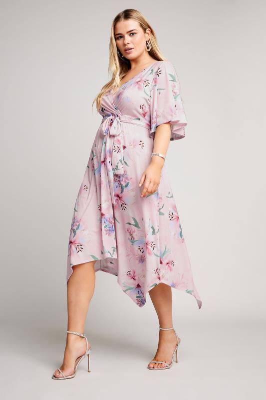 YOURS LONDON Plus Size Light Pink Floral Print Hanky Hem Wrap Dress | Yours Clothing 1