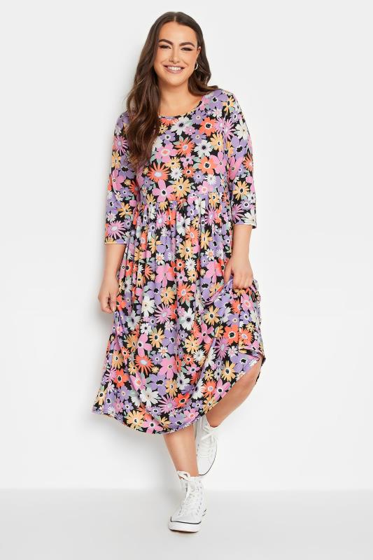 YOURS Curve Plus Size Black Floral Smock Dress | Yours Clothing  2