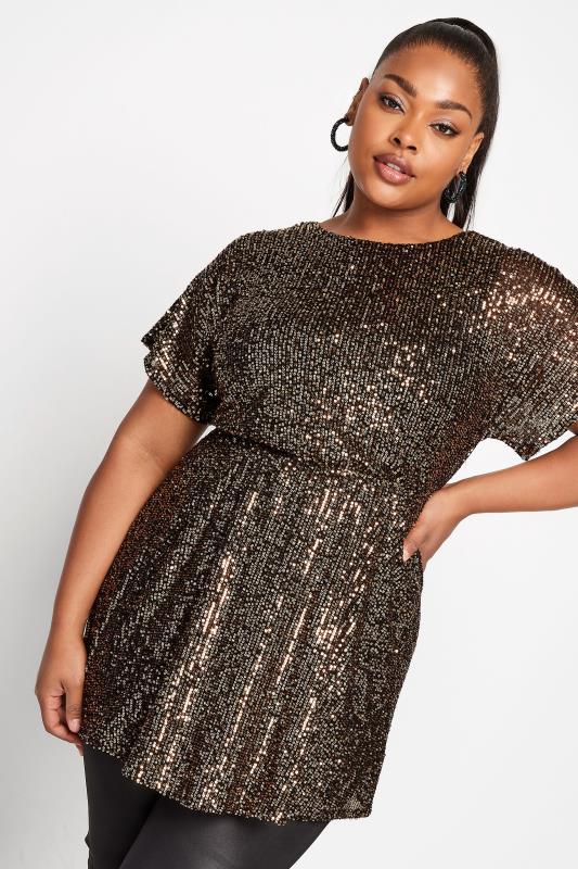 YOURS LONDON Curve Gold Sequin Wrap Peplum Top | Yours Clothing 1
