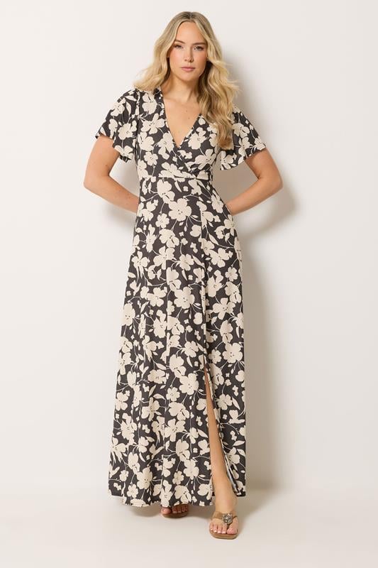  LTS Tall Chocolate Brown Floral Wrap Maxi Dress