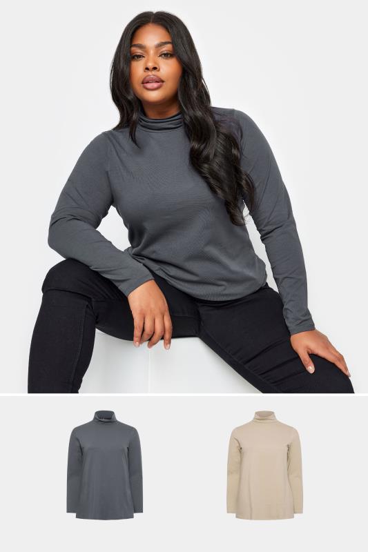 YOURS 2 PACK Plus Size Charcoal Grey & Beige Brown Turtle Neck Tops | Yours Clothing 1