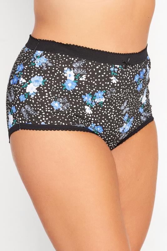Plus Size 5 PACK Blue & Black Butterfly Floral Print High Waisted Full Briefs | Yours Clothing  2