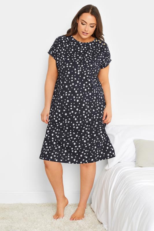 YOURS Plus Size Navy Blue Daisy Print Button Nightdress | Yours Clothing 2