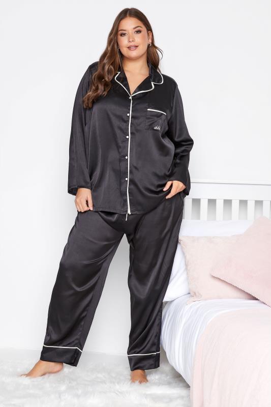 Plus Size  Black Contrast Piping Satin Pyjama Set