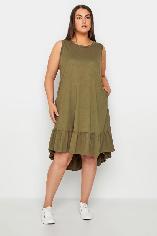 Plus Size  Evans Khaki Green Dipped Frill Hem Midi Dress