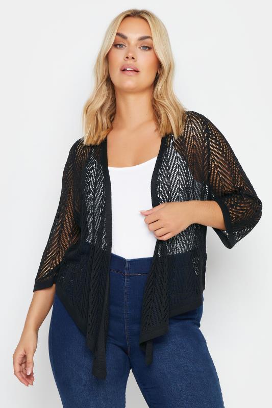YOURS Plus Size Black Pointelle Waterfall Cardigan | Yours Clothing 1