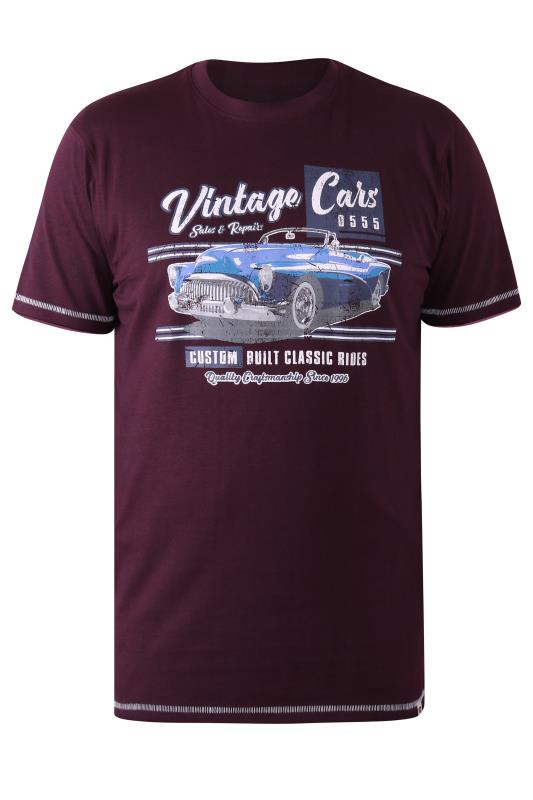 D555 Big & Tall Burgundy Red 'Vintage Cars' Printed T-Shirt | BadRhino 2
