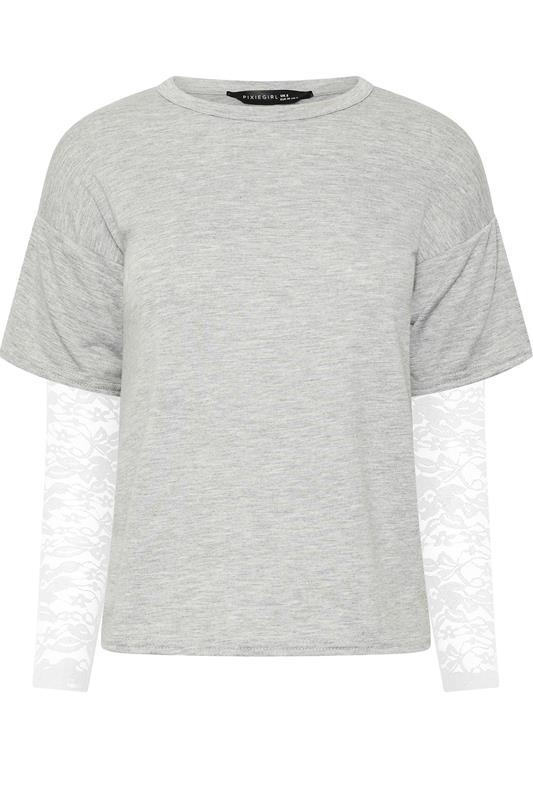 PixieGirl Petite Women's Grey & White Long Sleeve Lace T-Shirt | PixieGirl 5