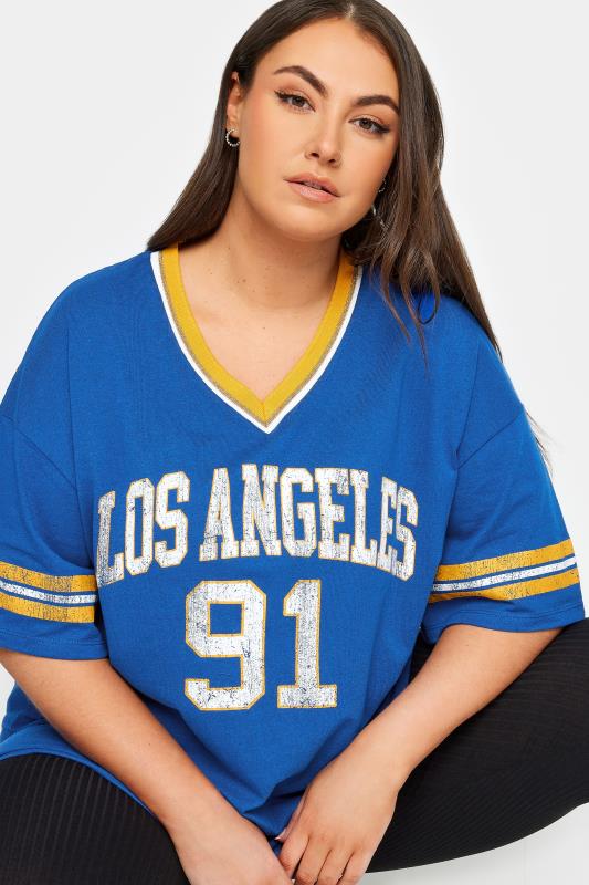 YOURS Plus Size Blue 'Los Angeles' Slogan Varsity T-Shirt | Yours Clothing 4