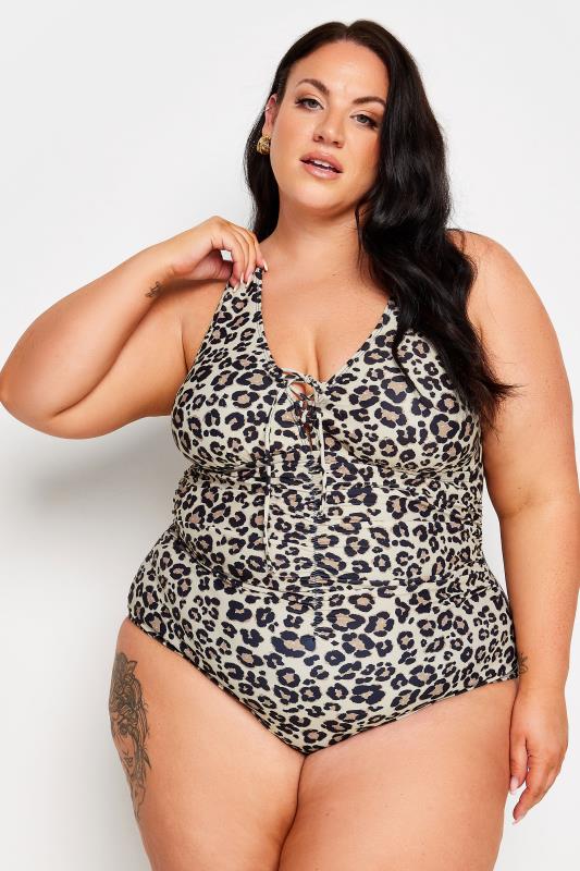 YOURS Plus Size Brown Leopard Print Plunge Tummy Control Swimsuit | Yours Clothing 1