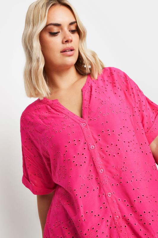 YOURS Curve Hot Pink Broderie Anglaise Notch Neck Shirt | Yours Clothing 4