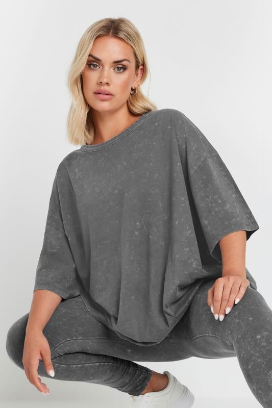 Plus Size  YOURS Curve Grey Acid Wash Boxy Oversized T-Shirt