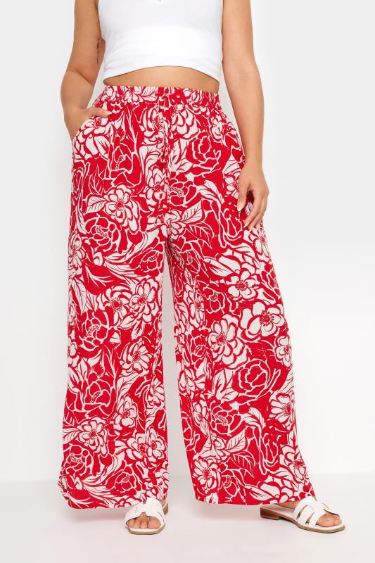 YOURS Plus Size Red Floral Print Crinkle Drawstring Trousers | Yours Clothing 1