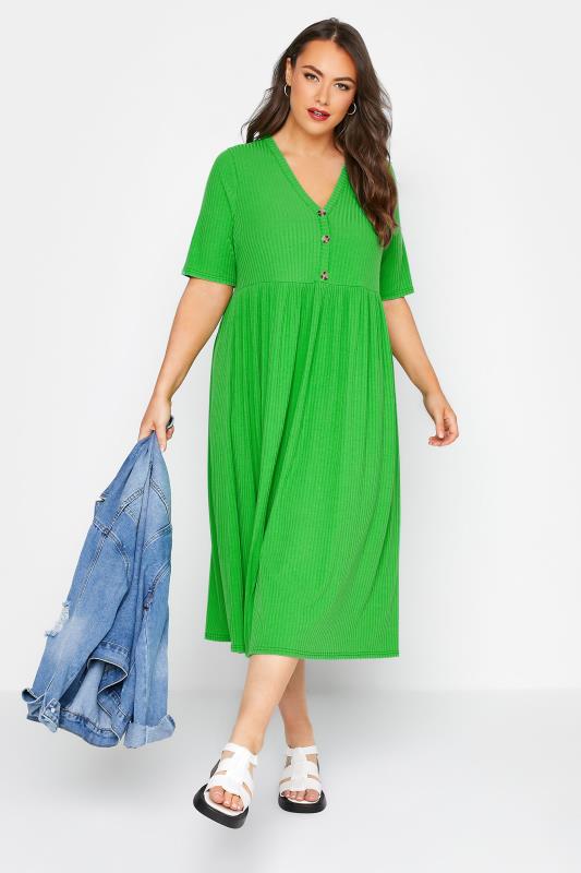 LIMITED COLLECTION Plus Size Bright Green Ribbed Peplum Midi Dress | Yours Clothing 2