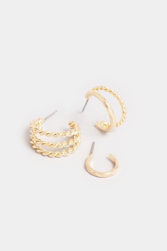3 PACK Gold Tone Textured Hoop Earring Set | Yours Clothing 4
