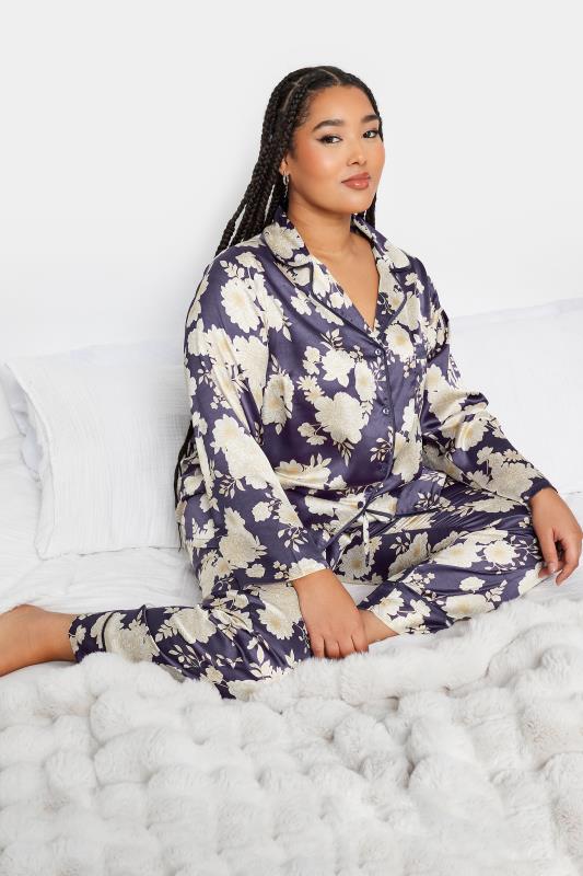 YOURS Plus Size Purple Floral Print Satin Pyjama Set | Yours Clothing 1