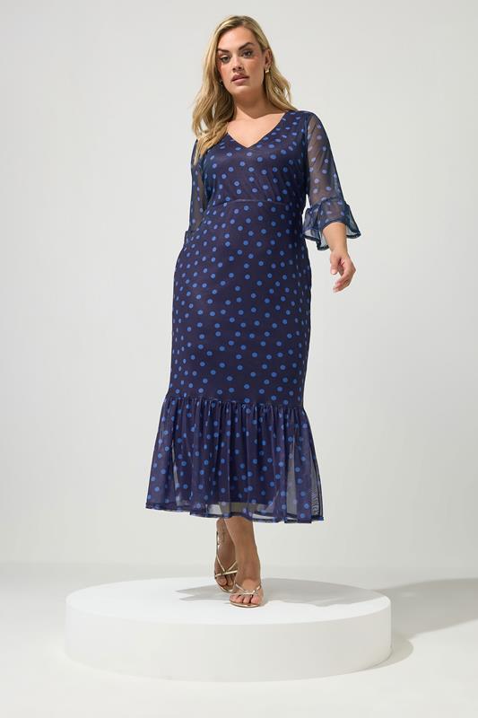  YOURS LONDON vestido azul marino de lunares con malla escalonado