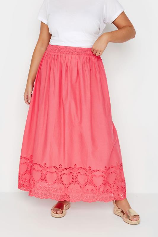 Plus Size  LIMITED COLLECTION Curve Coral Pink Broderie Anglaise Trim Maxi Skirt