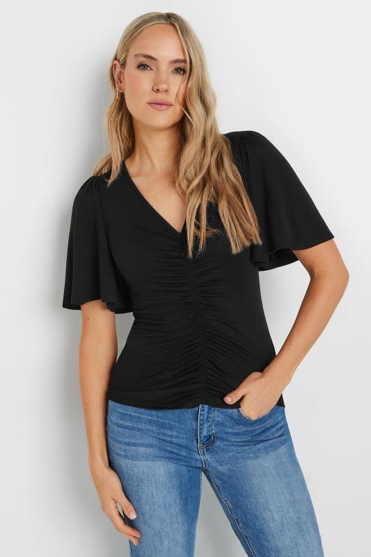 LTS Tall Black Angel Sleeve Ruched Front Top | Long Tall Sally 1