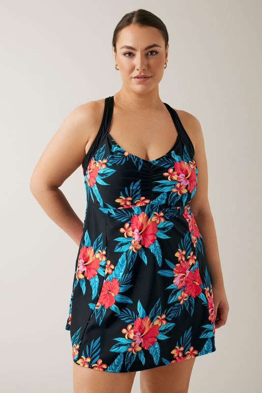 Evans Black Tropical Print Halter Back Swim Dress | Evans 1