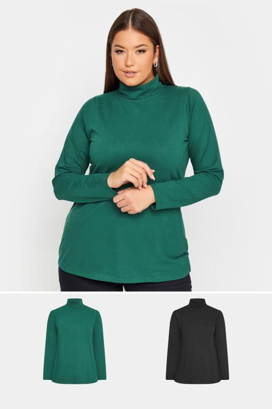 YOURS Plus Size 2 PACK Black & Forest Green Long Sleeve Turtle Neck Tops | Yours Clothing 1