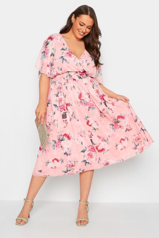 YOURS LONDON Plus Size Curve Pink Angel Sleeve Floral Shirred Dress | Yours Clothing  1