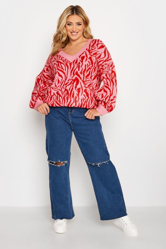 Plus Size Pink & Red Zebra Print V-Neck Jumper | Yours Clothing 4