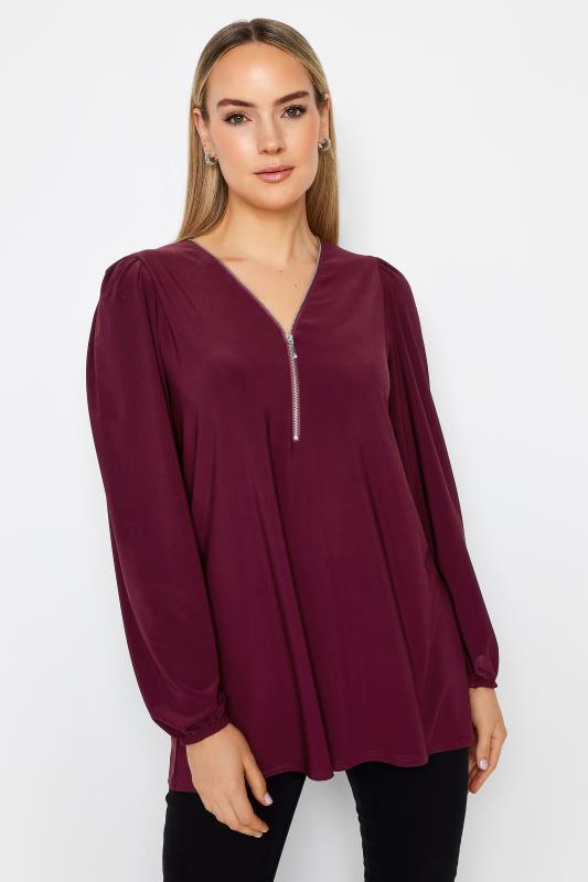  LTS Tall Wine Red Balloon Sleeve Zip Neck Top
