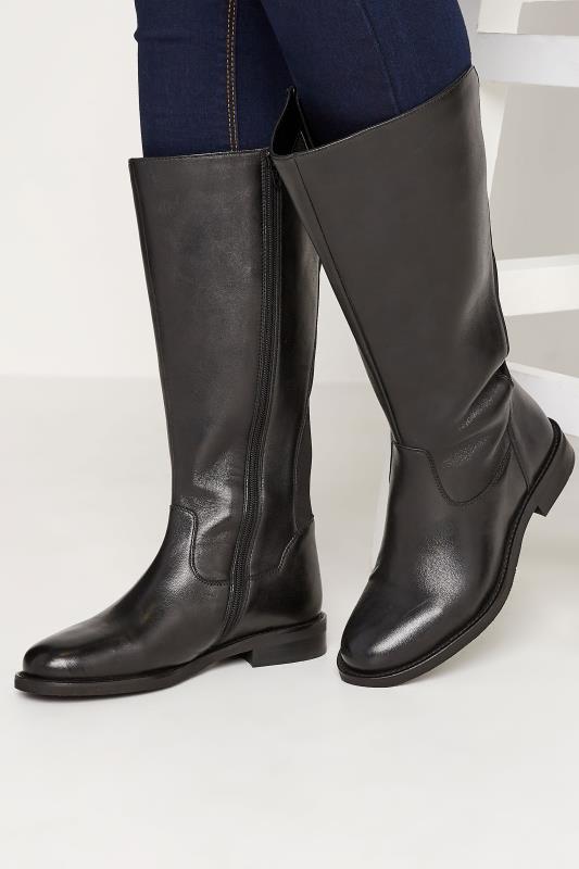 Black Elasticated Knee High Leather Boots In Extra Wide EEE Fit 1