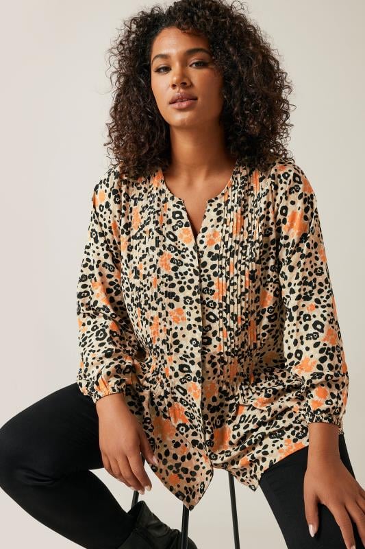 EVANS Plus Size Natural Brown Leopard Print Pintuck Blouse | Evans  2