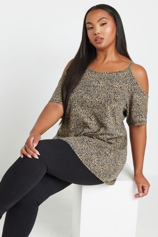 YOURS Plus Size 2 PACK Brown & Black Leopard Print Cold Shoulder Tops | Yours Clothing 2