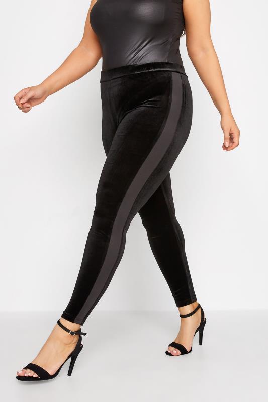 Plus Size Black Velvet Contrast Stripe Leggings | Yours Clothing 1