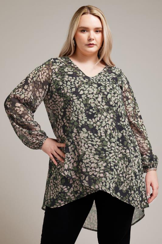 YOURS LONDON Plus Size Green & Pink Animal Print Longline Blouse | Yours Clothing 1