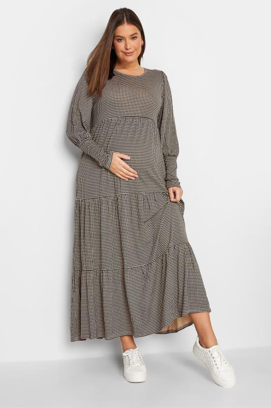 Tall Women's LTS Maternity Beige Brown Dogtooth Check Smock Dress | Long Tall Sally 2