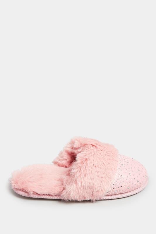 Pink Diamante Faux Fur Slippers In Wide E Fit | Yours Clothing 3
