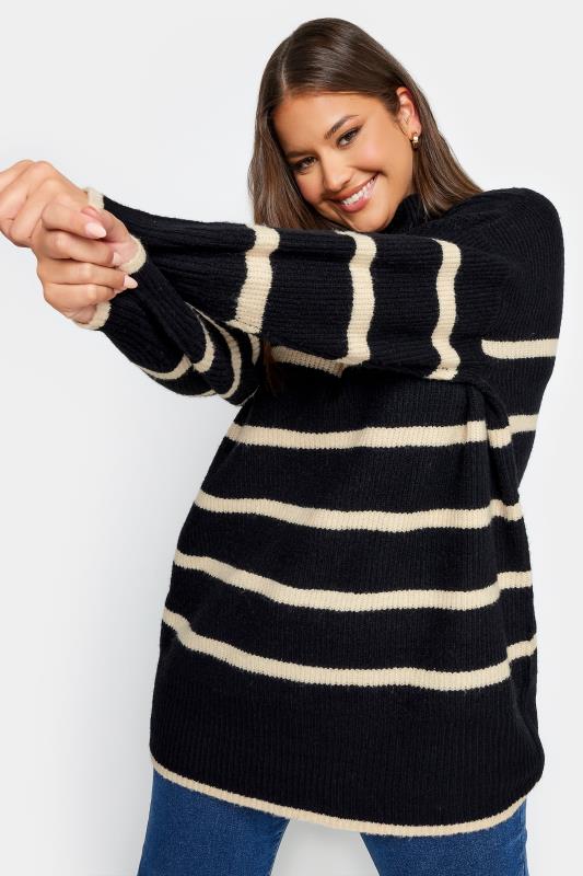 YOURS Plus Size Black Stripe High Neck Knitted Jumper | Yours Clothing 1