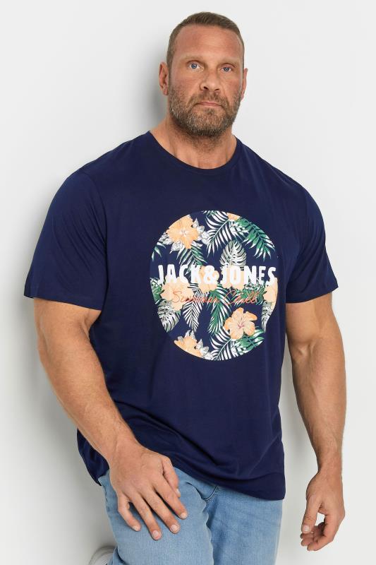 JACK & JONES Big & Tall Navy Blue 'Chill' Logo Print T-Shirt | BadRhino 1